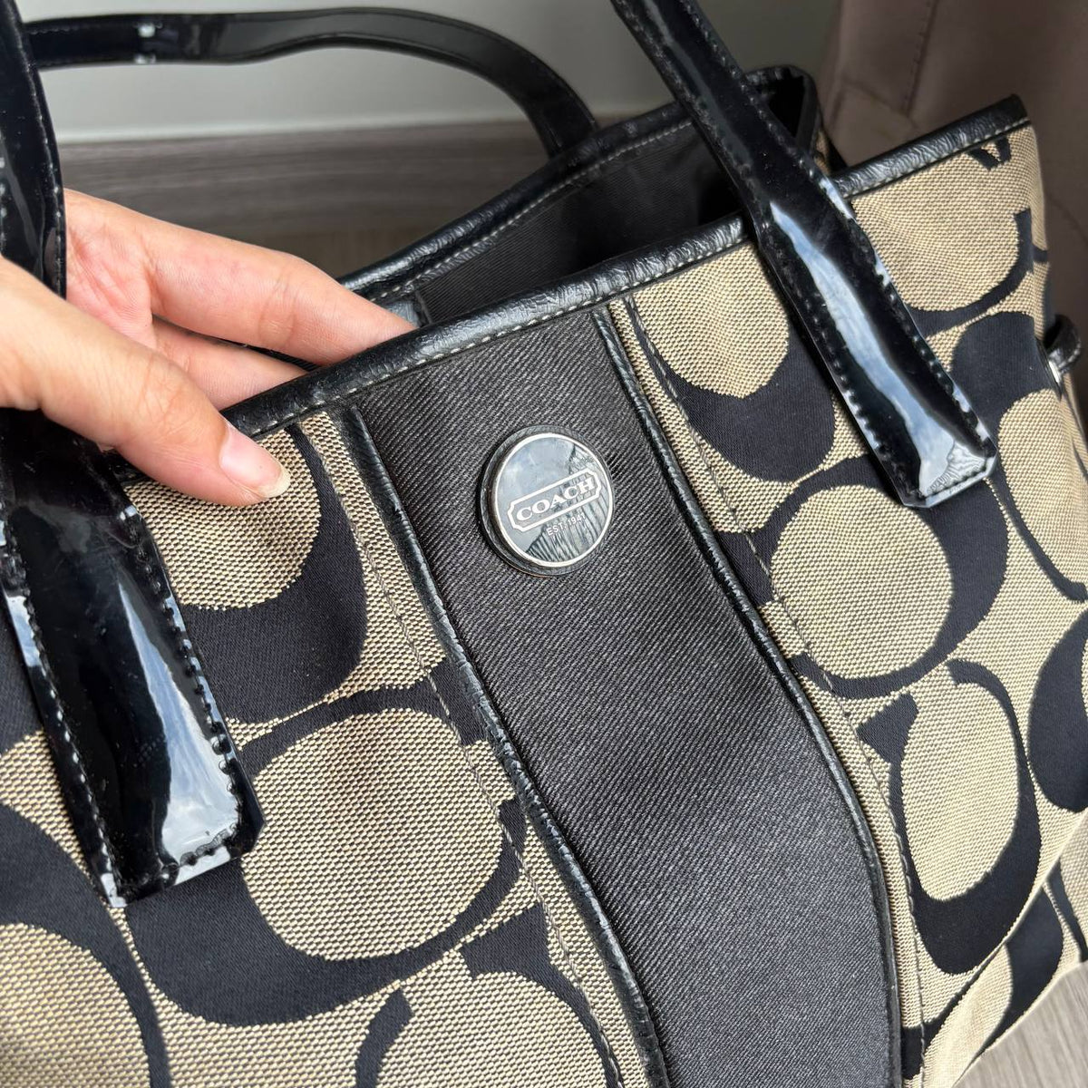Preloved Coach Signature Stripe Carryall Shoulder Bag