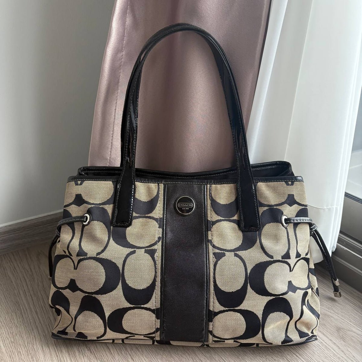 Preloved Coach Signature Stripe Carryall Shoulder Bag
