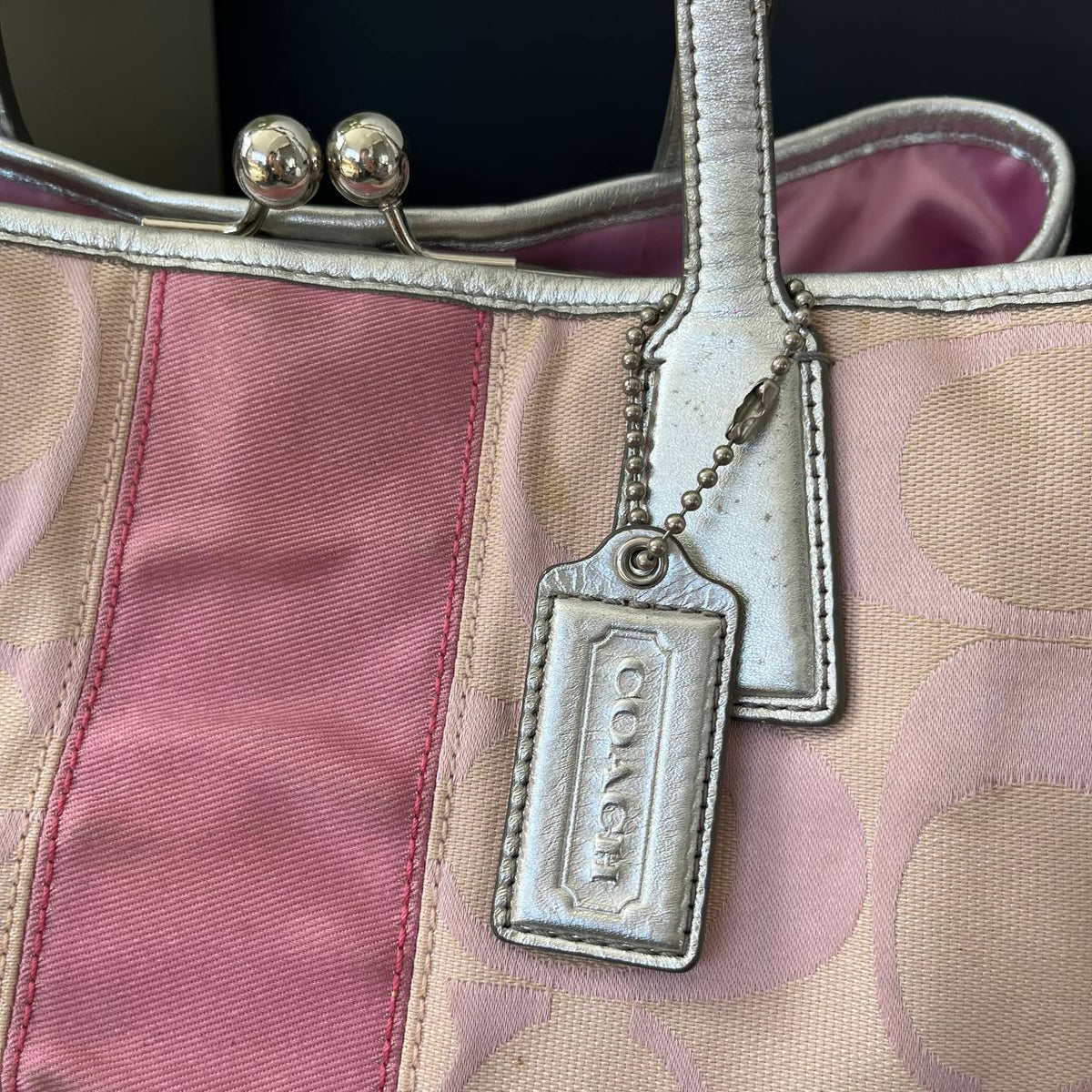 COACH SIGNATURE STRIPE FRAMED KISSLOCK TOTE (Style #13533)